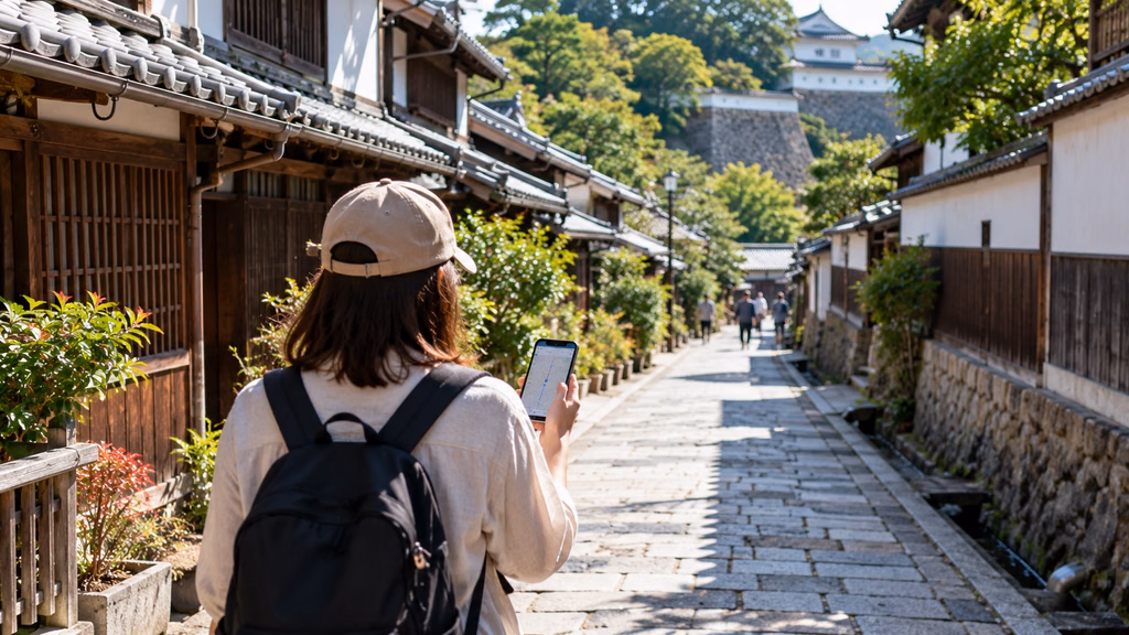 スマホの地図を見ながら城下町を歩く旅行者のイメージ