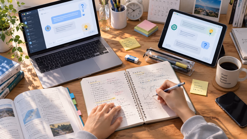 ChatGPTとClaudeを勉強に使う学生の机のイメージ図