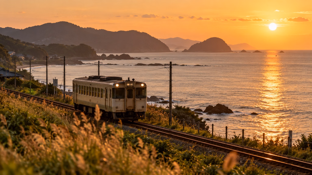 夕暮れの海沿いを走るローカル線のイメージ