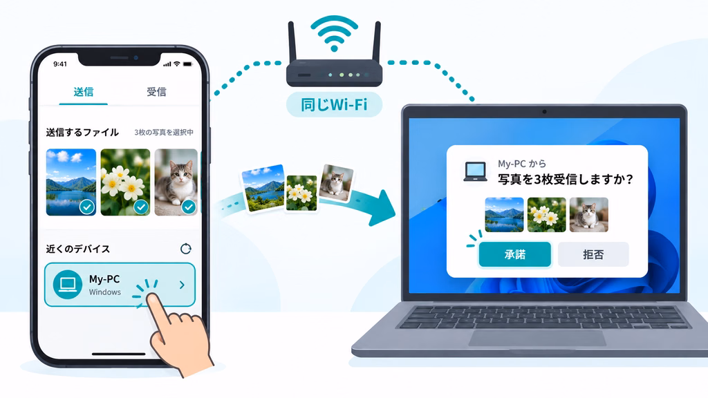 スマホからPCへ写真をLocalSendで送る画面