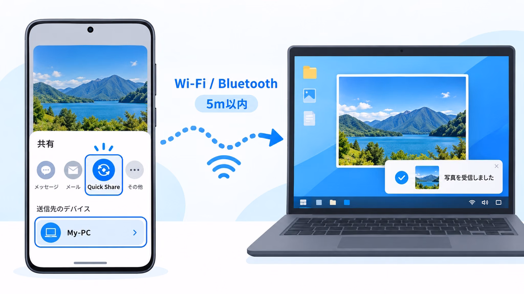 スマホからPCへ写真をQuick Shareで送る画面