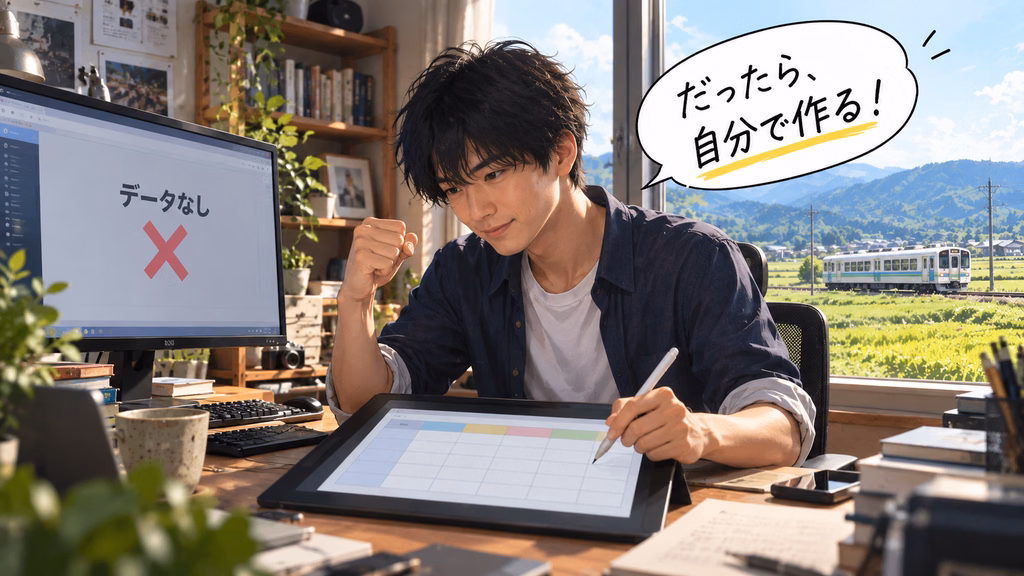 JR対応のために時刻表データを自作する決意をするイメージ