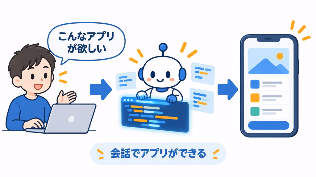 バイブコーディングで人がAIに話しかけ、アプリが完成するまでの流れ