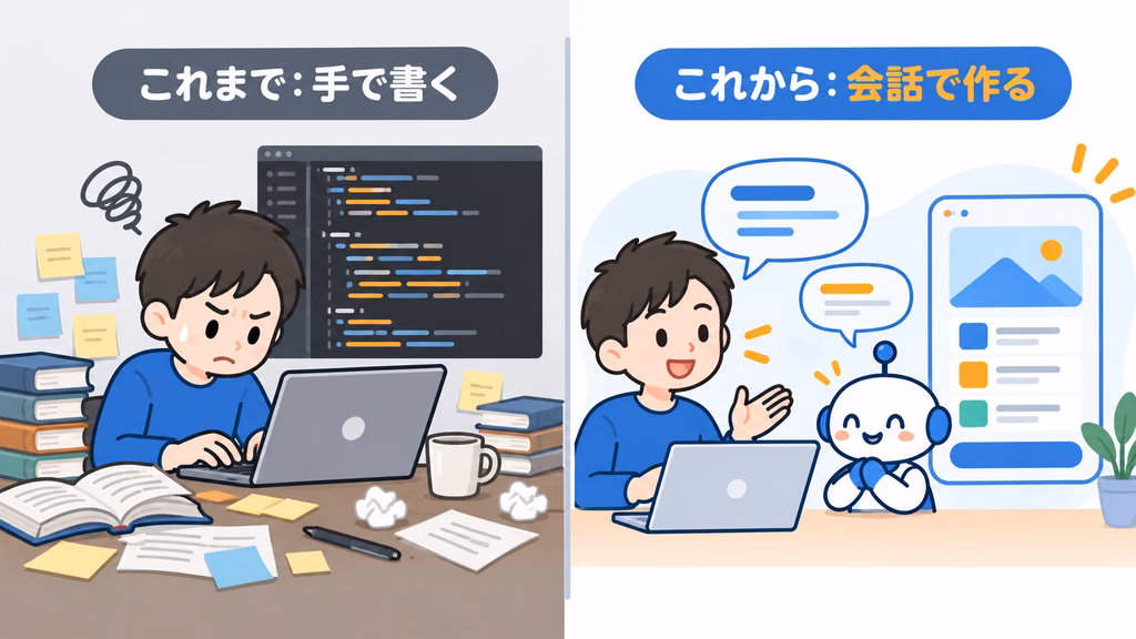 従来のプログラミングとバイブコーディングの違いを比べた図