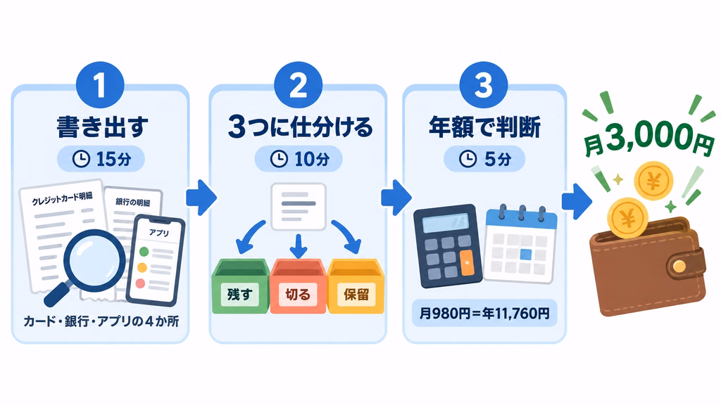 サブスクを洗い出して仕分けする3ステップの図
