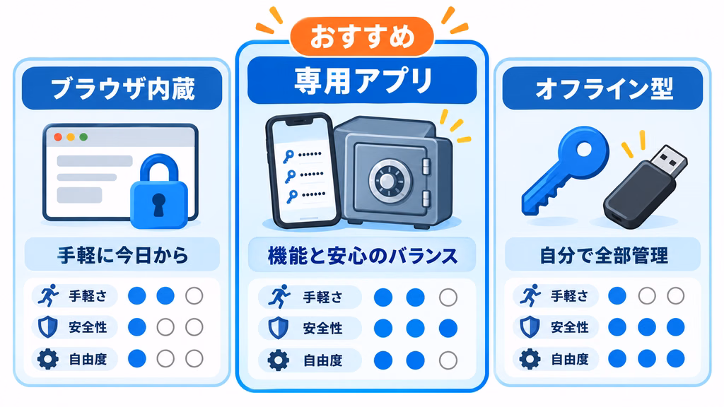 パスワード管理アプリ3タイプの比較図