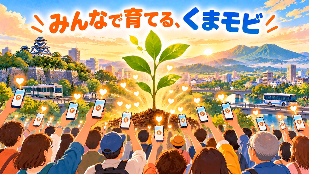 たくさんの人の手がスマートフォンを掲げ、くまモビの画面から小さな光のハートが立ちのぼる。