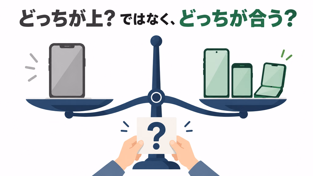 iPhoneとAndroidの比較を天秤で示し優劣ではなく条件で選ぶことを表した図