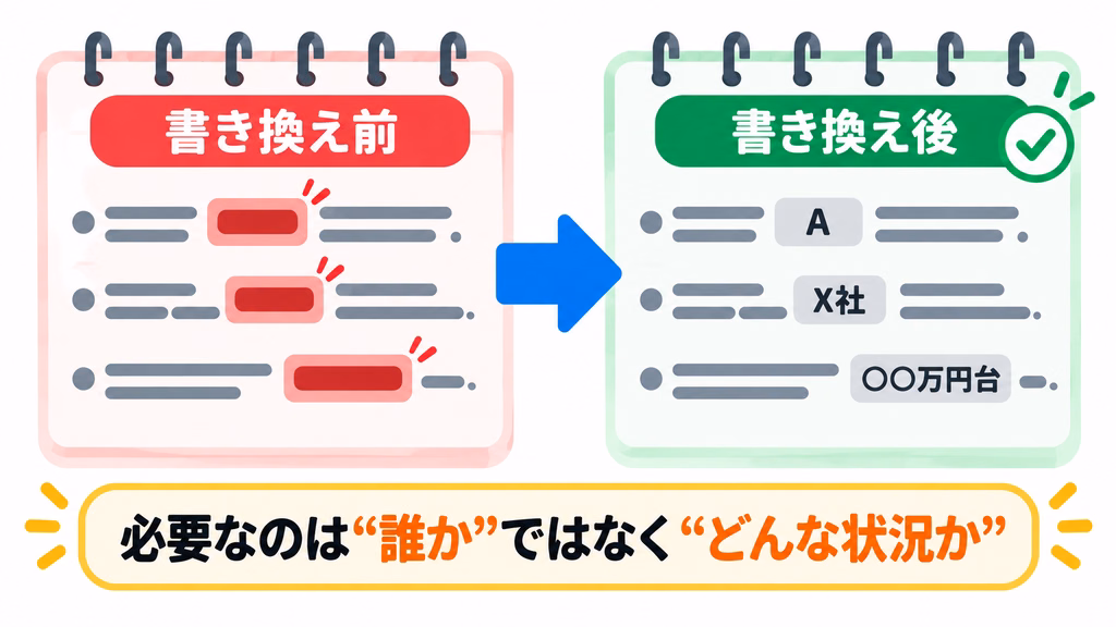 ChatGPTに相談する前に個人情報を伏せる書き換えの例を示した図