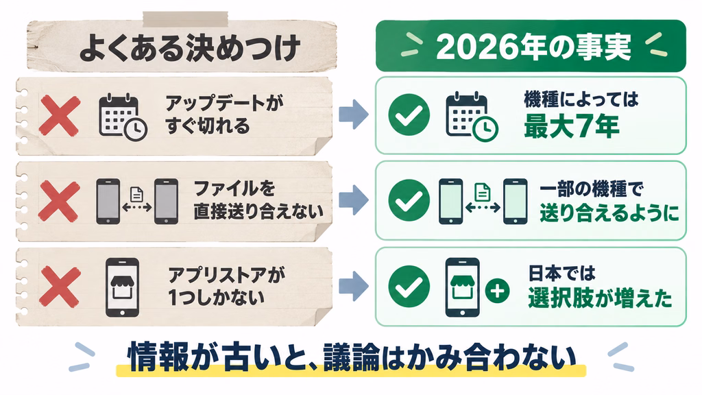 iPhone派とAndroid派のよくある決めつけと2026年の事実を比較した図