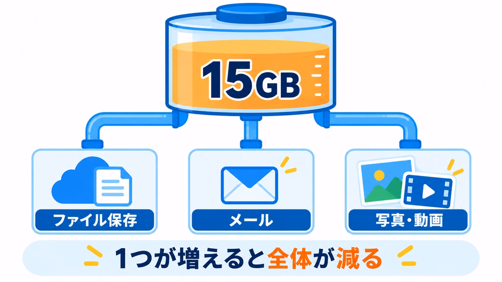 Googleの15GBがドライブ・Gmail・フォトで共有されていることを示す図