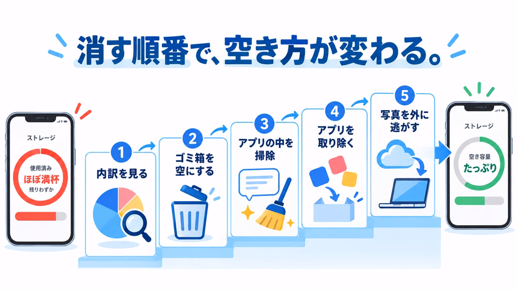 スマホの容量不足を解決する5ステップを示した図