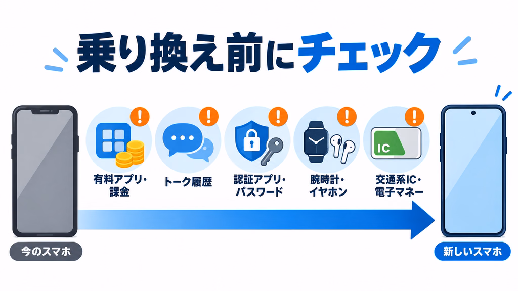 iPhoneとAndroidの乗り換えで後悔しないための確認ポイントを示した図