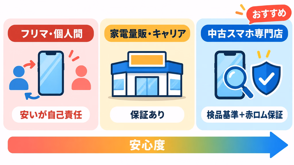 中古スマホの購入先ごとの安心度を比較した図