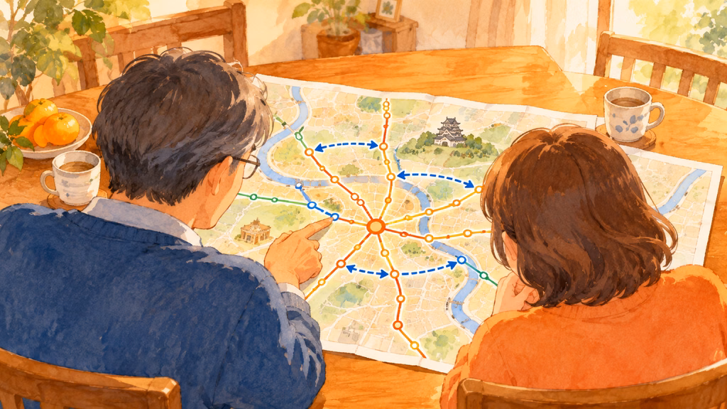 くまモビを元に、食卓で地図を広げて話す夫婦の後ろ姿。