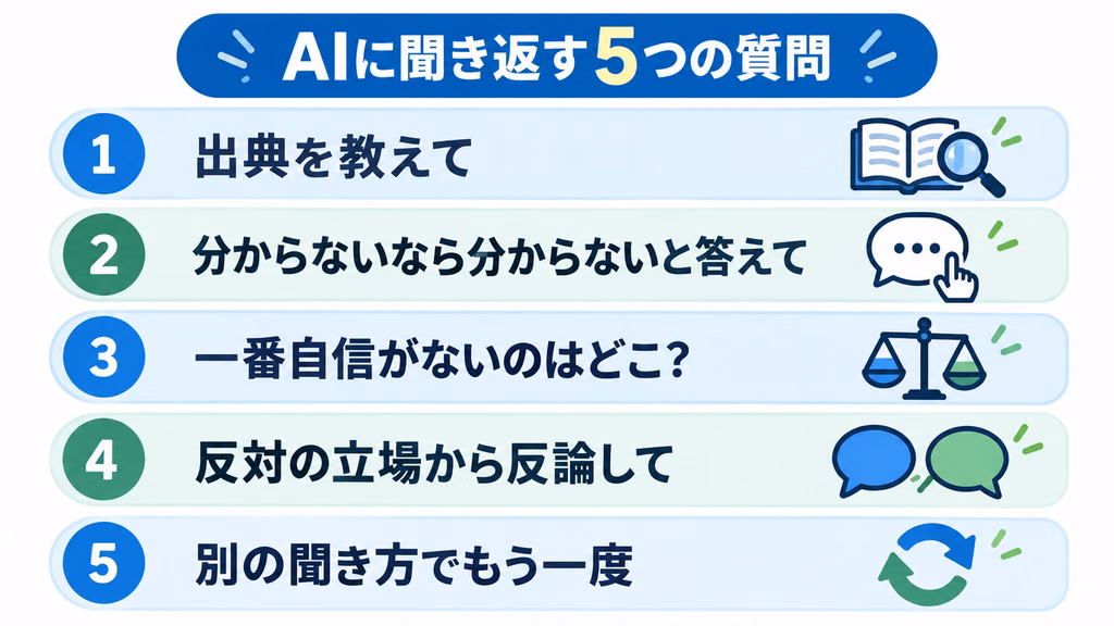 ハルシネーションを見抜く5つの質問を示した図