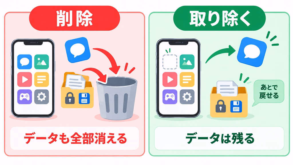 アプリを削除する場合と取り除く場合の違いを比較した図