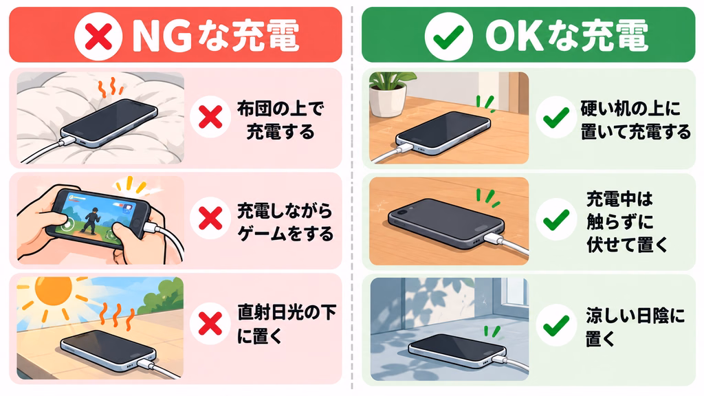 スマホのバッテリーに悪い充電習慣と良い充電習慣の比較図