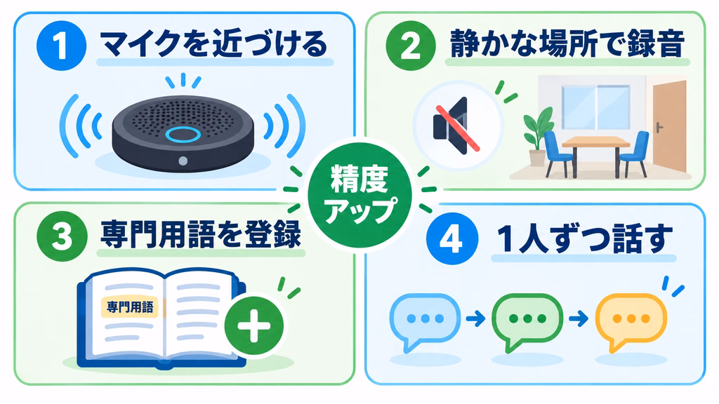 AI議事録の文字起こし精度を上げる4つのコツを示した図